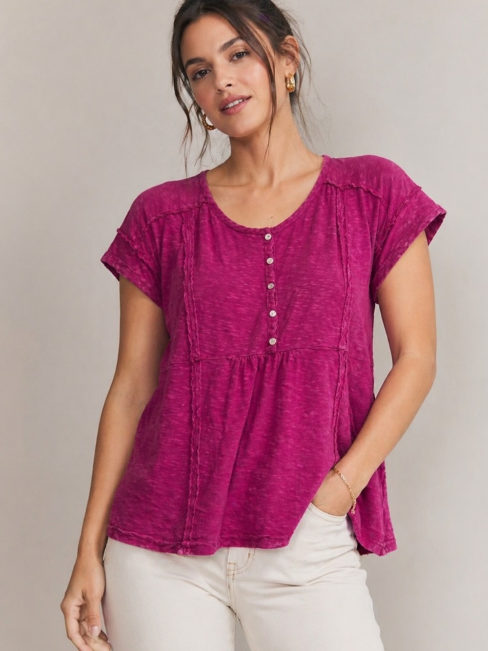 Anthropologie Eri + Ali Julie Henley Top Raspberry Pink Cotton XS